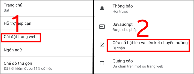 biểu tượng dấu ba chấm (⋮) ở góc trên bên phải, rồi chọn Cài đặt Chọn Cửa sổ bật lên và liên kết chuyển hướng
