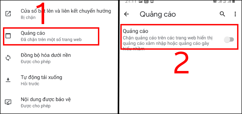 Quay lại màn hình Cài đặt trang web trước đó, chọn mục Quảng cáo Quay lại màn hình Cài đặt trang web trước đó, chọn mục Quảng cáo