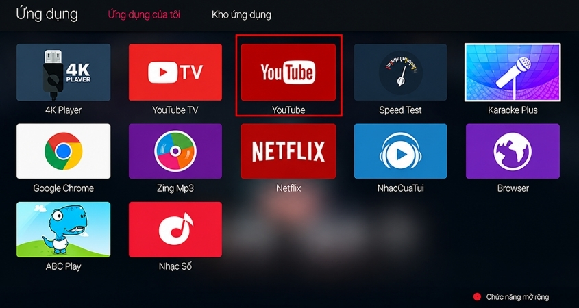 Chọn ứng dụng YouTube trong Smart Tivi