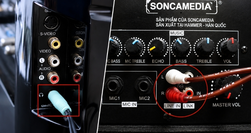 Kết nối d&acirc;y cắm với c&aacute;c cổng tr&ecirc;n tivi v&agrave; loa k&eacute;o