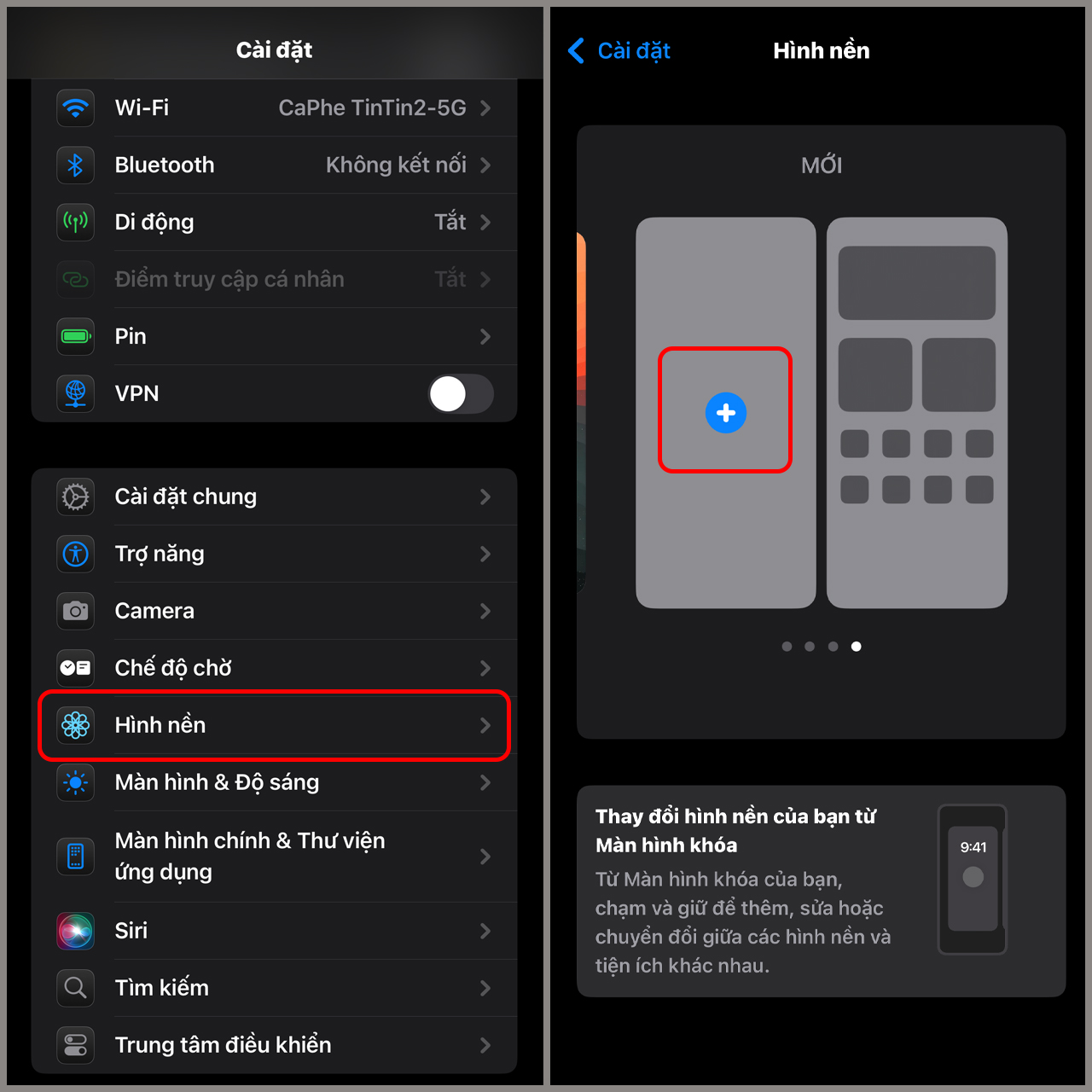 Chọn và lưu hình nền iPhone yêu thích, vào Cài đặt > Hình nền > nhấn dấu + để thêm