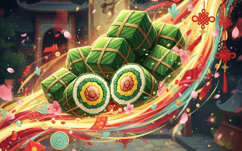 Mai vàng, đào hồng và bánh chưng mang đậm không khí xuân, tạo cảm giác nhẹ nhàng, thư thái