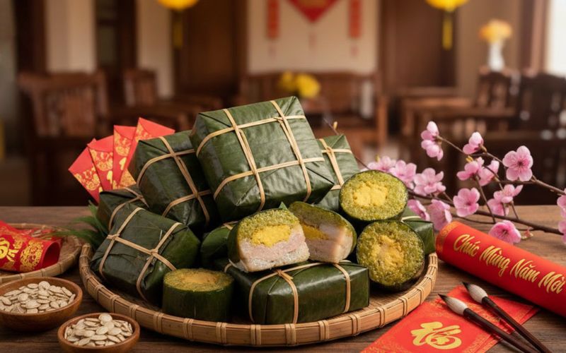Mai vàng, đào hồng và bánh chưng mang đậm không khí xuân, tạo cảm giác nhẹ nhàng, thư thái