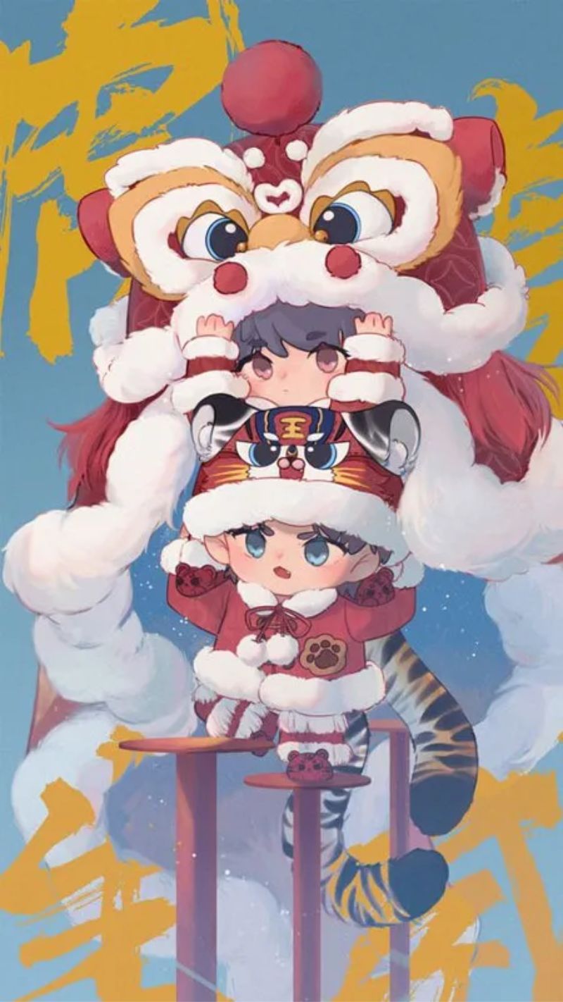 Hình nền Tết 2026 cute với linh vật năm mới, lì xì, bánh chưng chibi pastel dễ thương, mang năng lượng tích cực