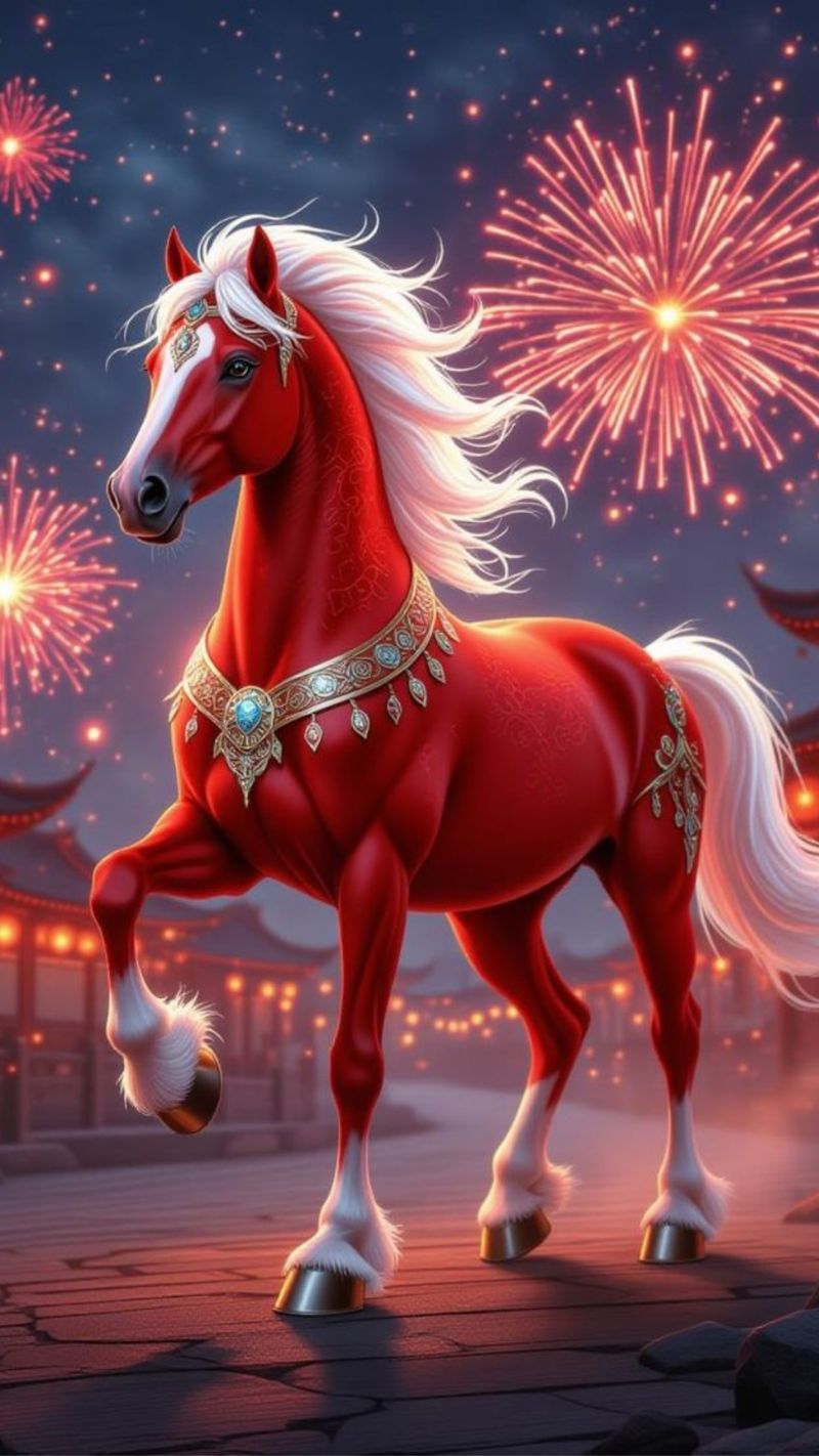 Hình nền Tết 2026 đa phong cách với hoa xuân, pháo hoa, ngựa và chữ Happy New Year rực rỡ, ấn tượng