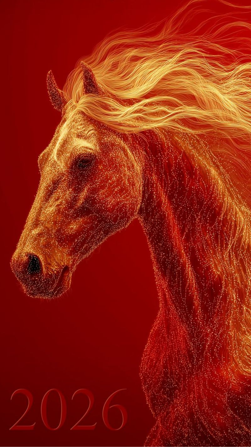 Hình nền Tết 2026 đa phong cách với hoa xuân, pháo hoa, ngựa và chữ Happy New Year rực rỡ, ấn tượng