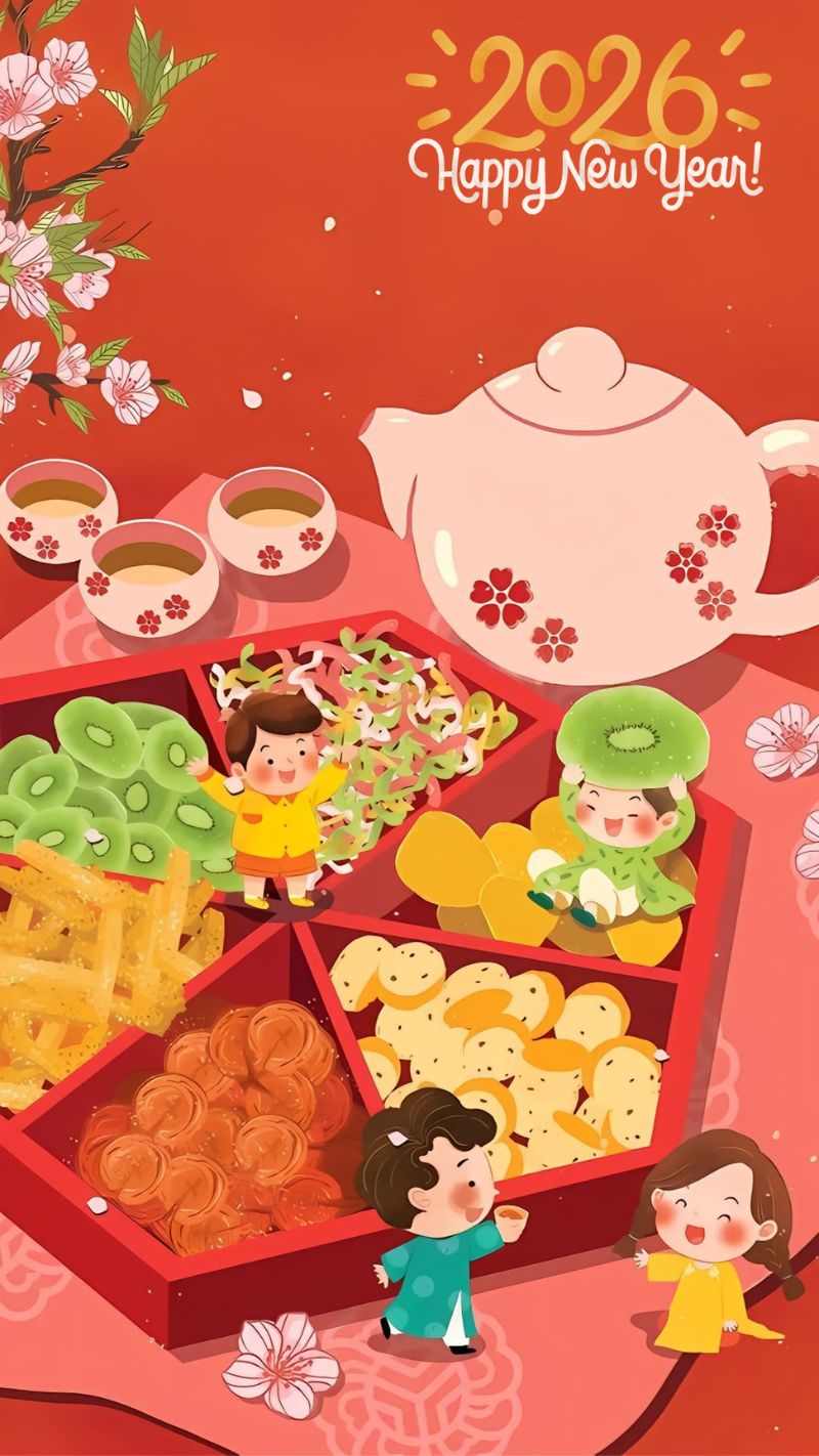 Hình nền Tết 2026 đa phong cách với hoa xuân, pháo hoa, ngựa và chữ Happy New Year rực rỡ, ấn tượng