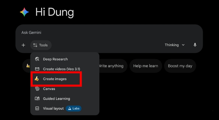 Chọn Nano Banana để tạo hình ảnh trên Gemini
