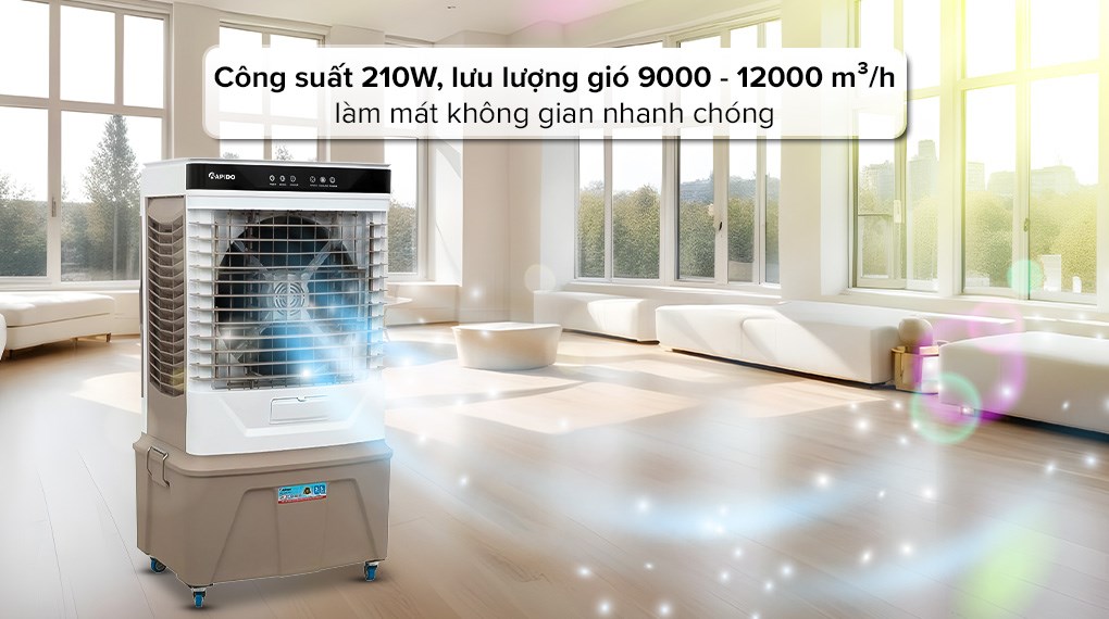 Quạt điều hòa Rapido Windy D 210W có công suất hoạt động khá mạnh mẽ, thích hợp với nhiều không gian khác nhau