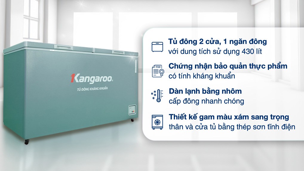 Tủ đông Kangaroo 430 lít KG430G1N có thiết kế 2 ngăn 2 cửa và dung tích lớn giúp lưu trữ đa dạng thực phẩm
