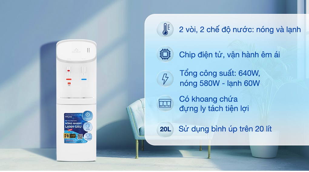 Cây nước nóng lạnh Hòa Phát HTL236 640W ứng dụng công nghệ làm lạnh bằng Chip điện tử hiệu quả, êm ái, không gây tiếng ồn