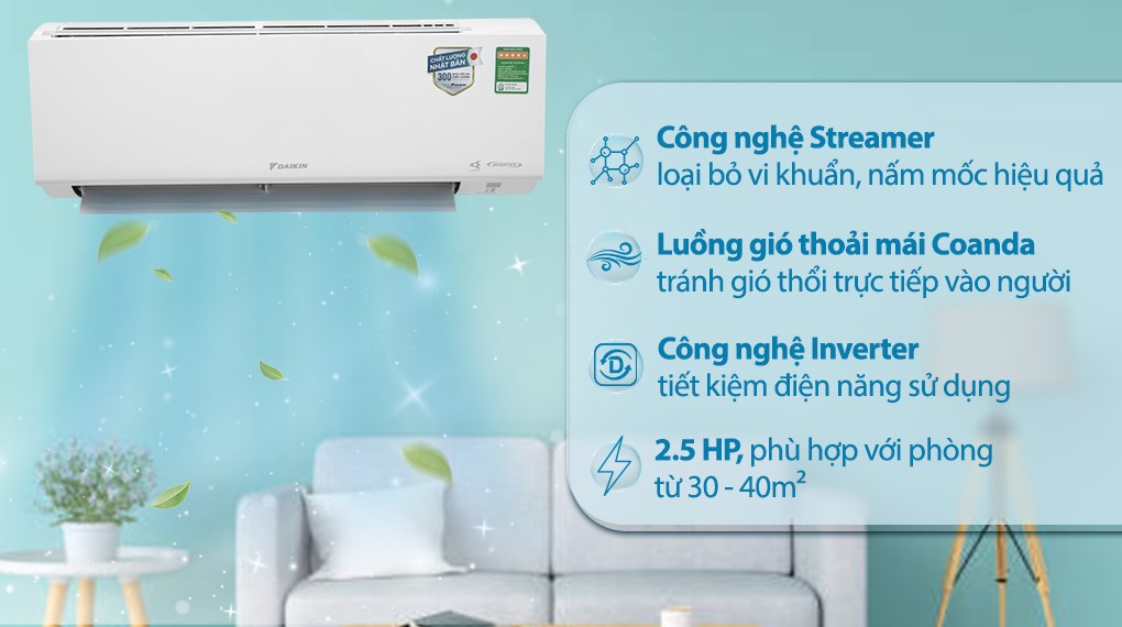 Máy lạnh Daikin Inverter 2.5 HP FTKF60XVMV có công suất 2.5 HP, làm mát trong không gian có diện tích từ 30 - 40m² Máy lạnh Daikin Inverter 2.5 HP FTKF60XVMV có công suất 2.5 HP, làm mát trong không gian có diện tích từ 30 - 40m²