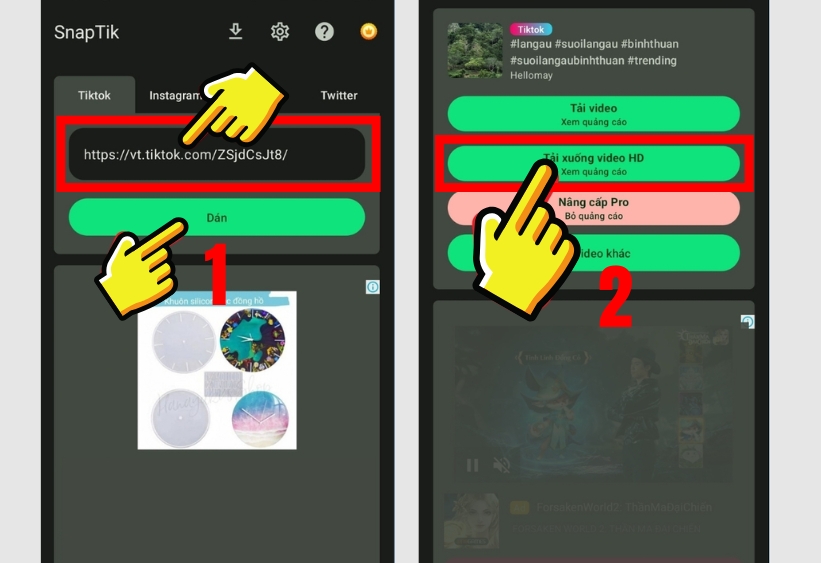 Dán liên kết video TikTok và chọn tải về 