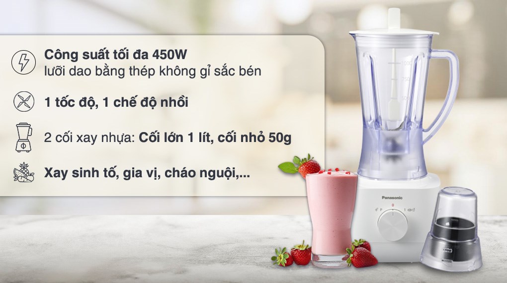 Máy xay sinh tố đa năng Panasonic MX-EP3111WRA hoạt động với công suất 450W cùng lưỡi dao 4 cánh sắc bén bằng thép không gỉ bền bỉ, xay thực phẩm nhuyễn mịn