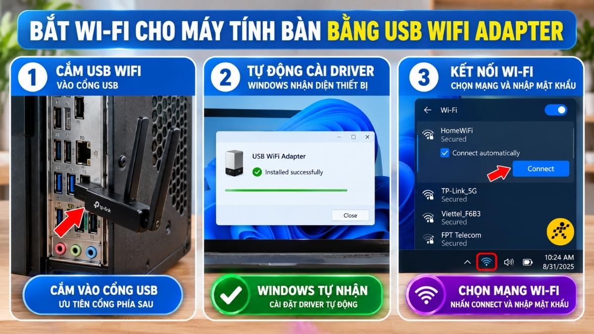 Bắt Wi-Fi cho m&aacute;y t&iacute;nh b&agrave;n bằng USB WiFi Adapter