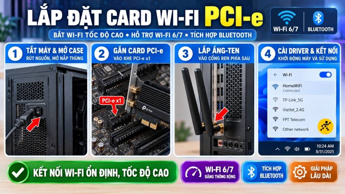 Lắp đặt Card Wi-Fi gắn trong chuẩn PCI-e
