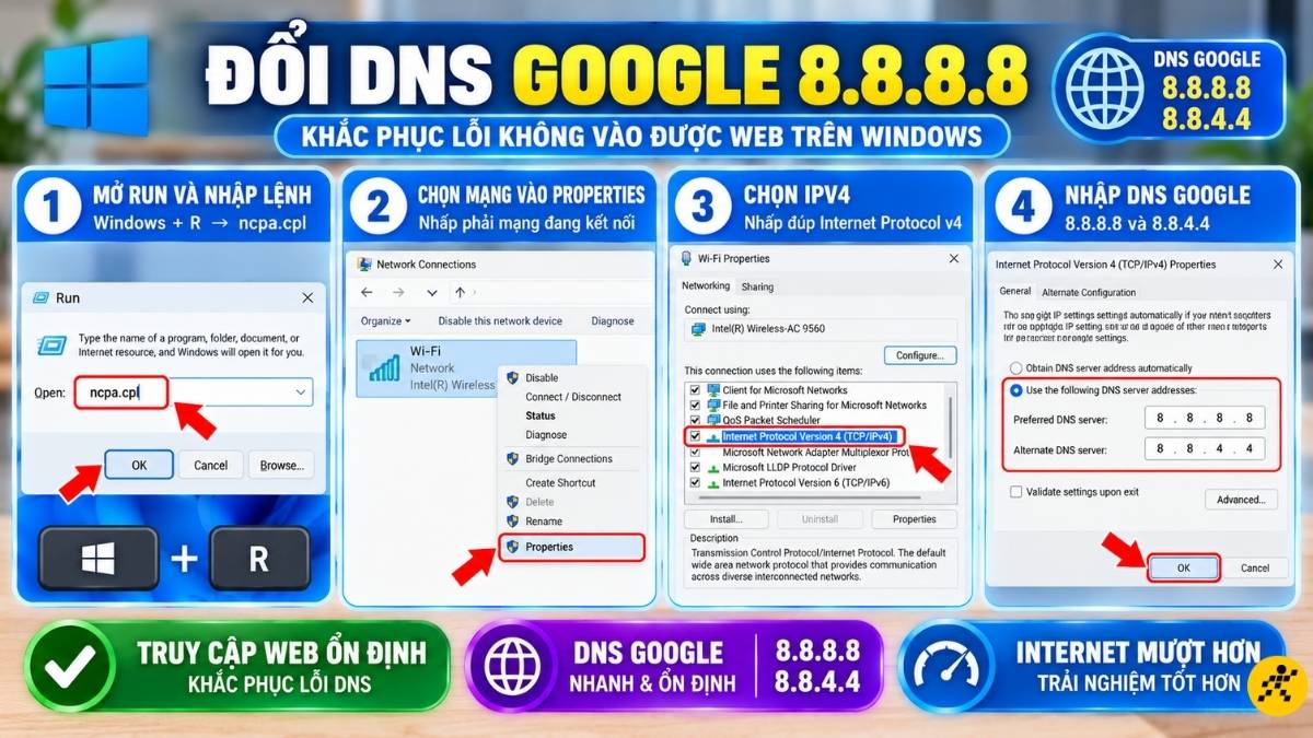 Kiểm tra địa chỉ IP v&agrave; đổi sang DNS Google (8.8.8.8)