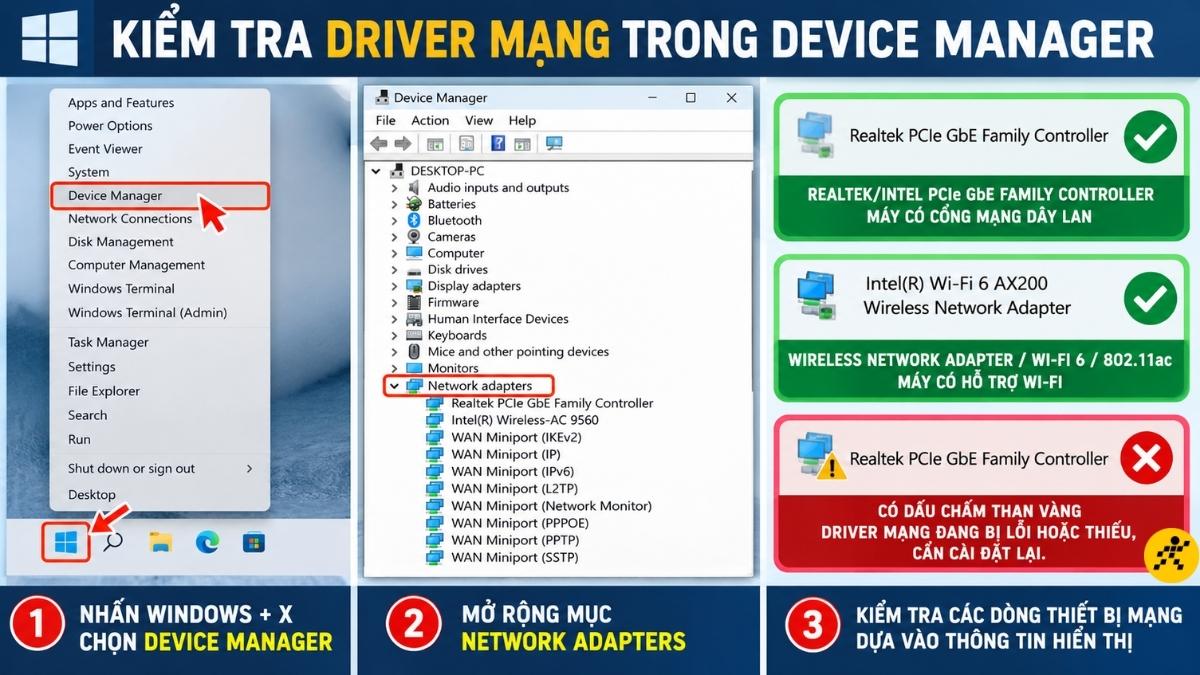 Kiểm tra Driver mạng trong Device Manager