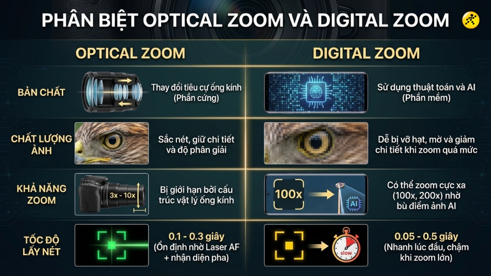Ph&acirc;n biệt Zoom quang học v&agrave; Zoom kỹ thuật số