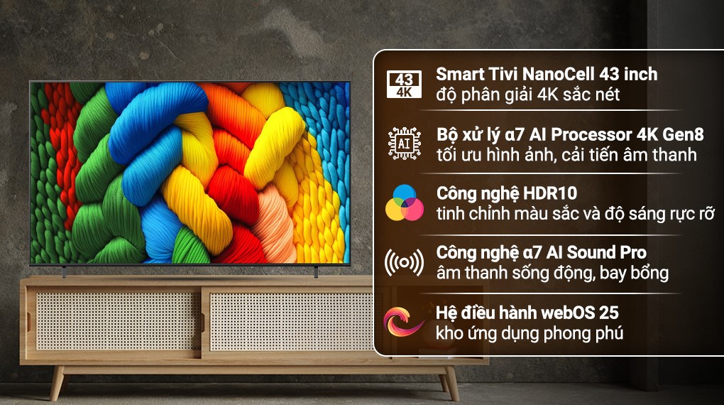 Smart Tivi NanoCell LG AI 4K 43 inch 43NANO80ASA nhỏ gọn, tinh tế, thể hiện khung hình 4K với dải màu rộng ấn tượng Nano Color