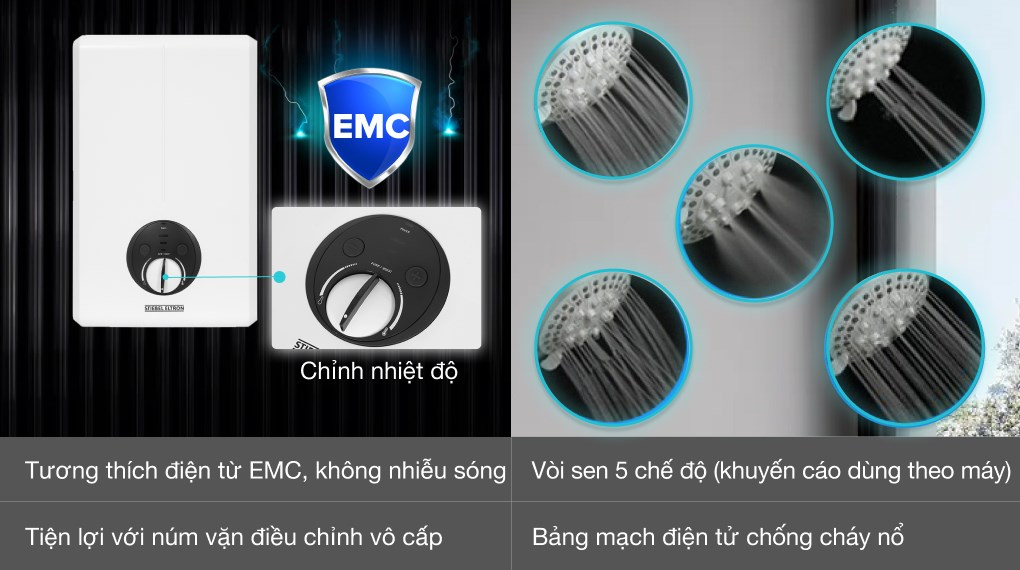 Máy nước nóng trực tiếp Stiebel Eltron 4500W XGP 45 EC có 5 chế độ vòi sen