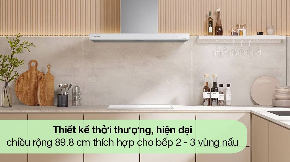Máy hút mùi áp tường Samsung Bespoke NK36CB665WWHSV có hệ thống đèn chiếu sáng giúp dễ dàng quan sát món ăn