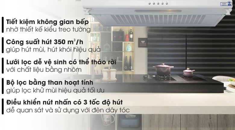 Máy hút mùi Malloca H107W có độ ồn 52 dB như tiếng trò chuyện thông thường