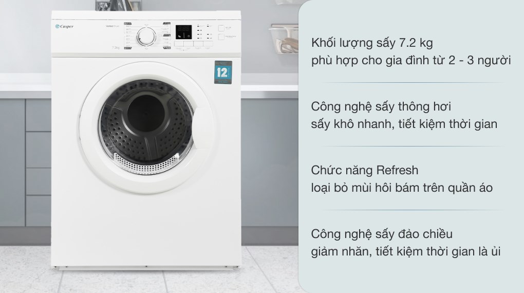 Máy sấy thông hơi Casper 7.2 kg TD-72VWD giúp sấy khô nhanh chóng, tiết kiệm thời gian
