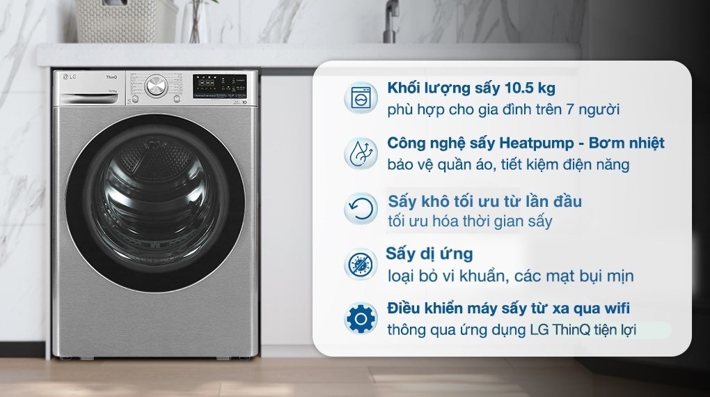 Máy sấy bơm nhiệt LG 10.5 kg DVHP50P thiết kế sang trọng, vận hành êm ái, tiết kiệm điện năng