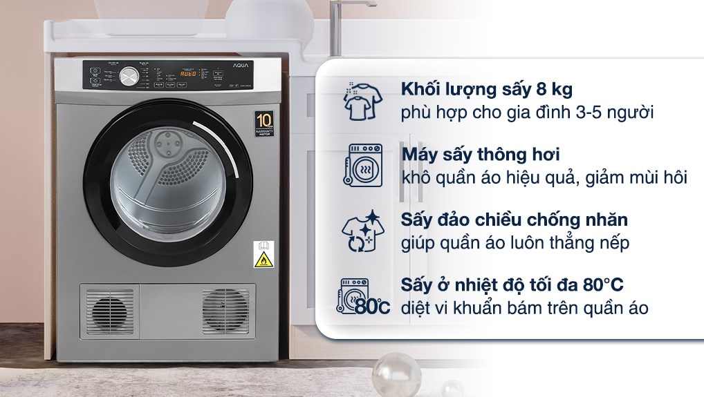 Máy sấy thông hơi Aqua 8 kg AQH-V800H SS phù hợp cho nhu cầu sấy quần áo của gia đình từ 3 - 5 thành viên