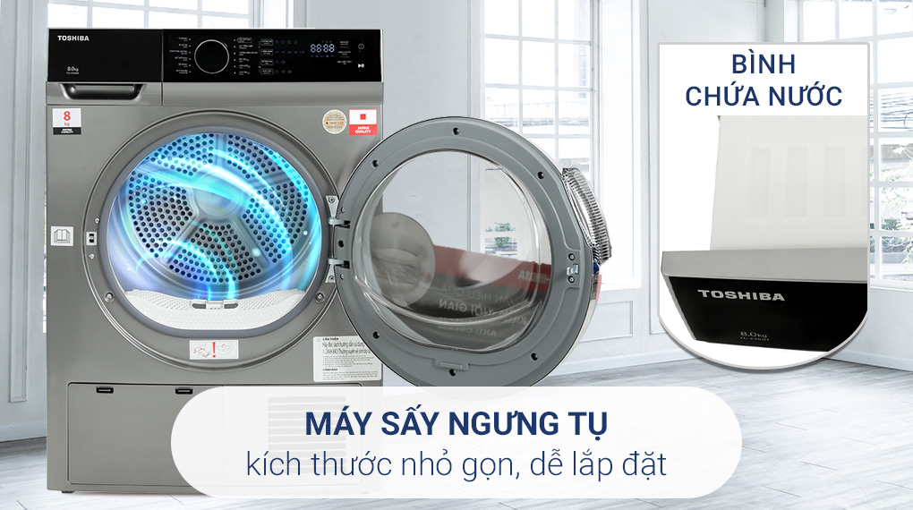 Máy sấy ngưng tụ Toshiba 8 kg TD-K90MEV(SK) sử dụng công nghệ sấy ngưng tụ giúp hơi nước được ngưng tụ vào bình chứa an toàn và tiện lợi
