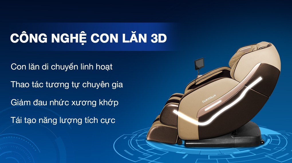 Hệ thống con lăn 3D trên ghế massage Daikiosan DKGM-10004 giúp làm dịu cơn đau lưng, đau mỏi vai gáy, cơn nhức mỏi nhanh chóng