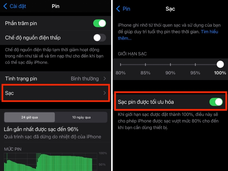 C&agrave;i đặt > Pin > Sạc > Bật/tắt Sạc pin được tối ưu h&oacute;a
