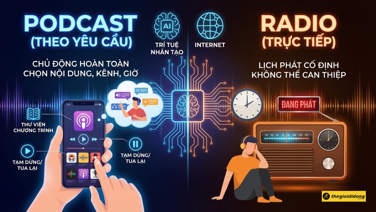 Điểm kh&aacute;c biệt giữa Podcast v&agrave; Radio