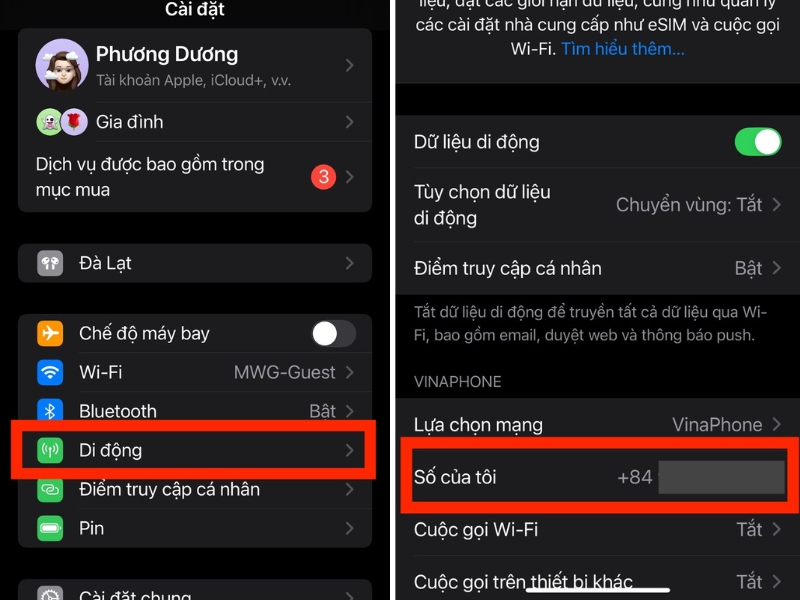 Cài đặt > Di động > Số của tôi Cài đặt > Di động > Số của tôi
