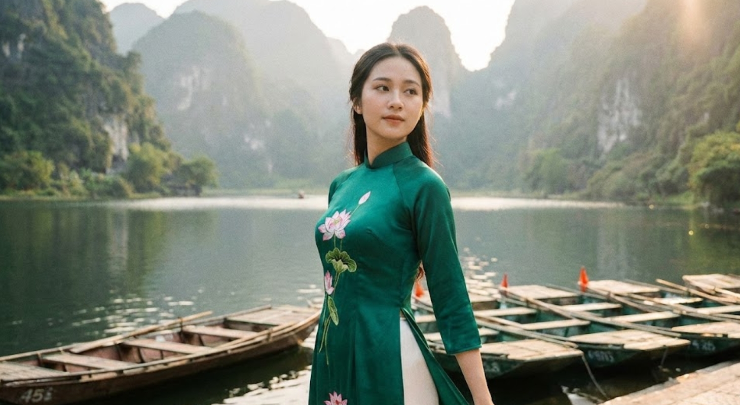 Cô gái tạo dáng với áo dài nghiêng người thướt tha