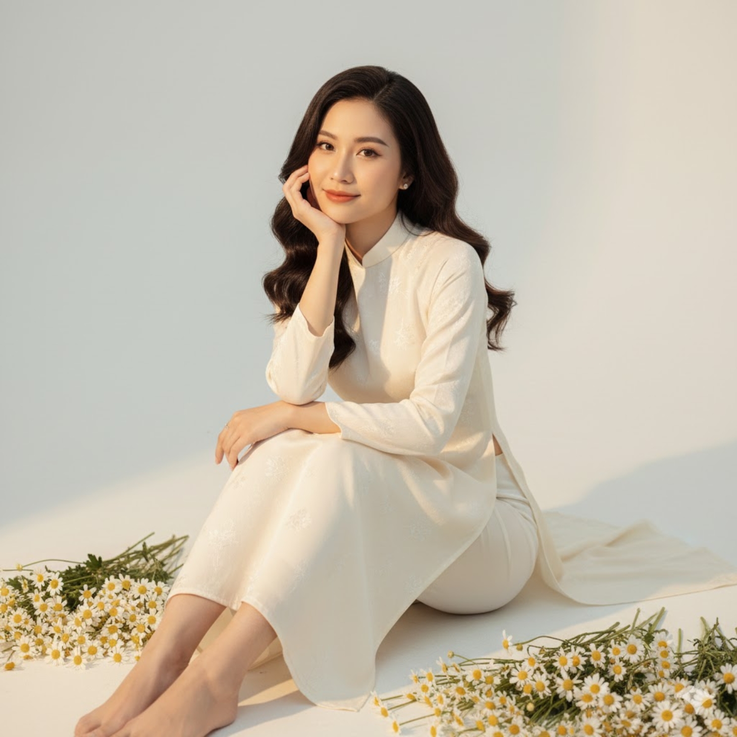 Cô gái thả dáng với áo dài, ngồi chống cằm e ấp