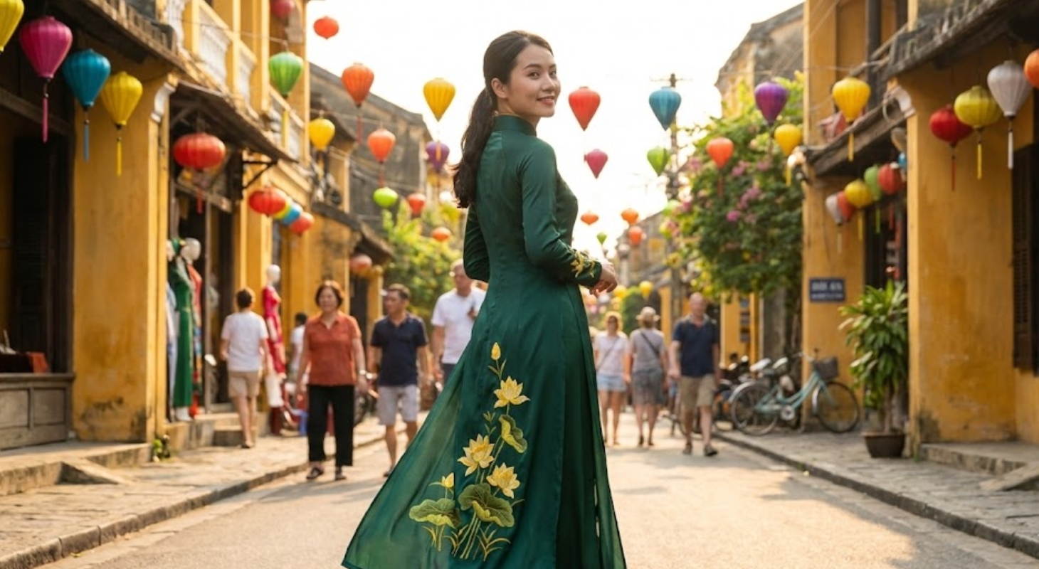 Cô gái tạo dáng với áo dài, nghiêng mặt duyên dáng