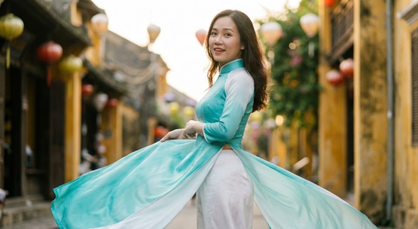 Cô gái xoay người với tà áo dài bay phấp phới