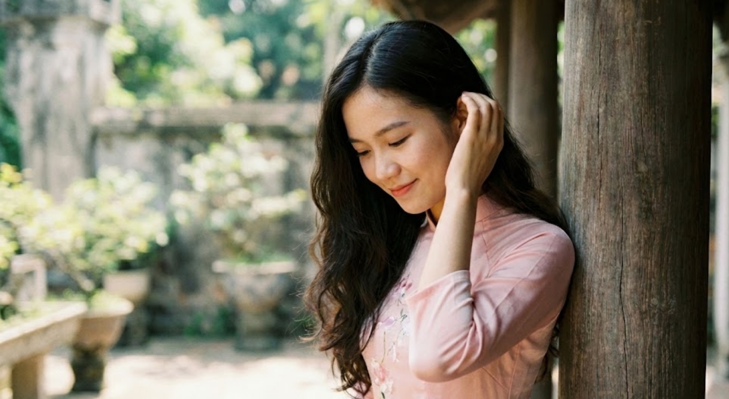 Cô gái tạo dáng với áo dài, tay vén tóc