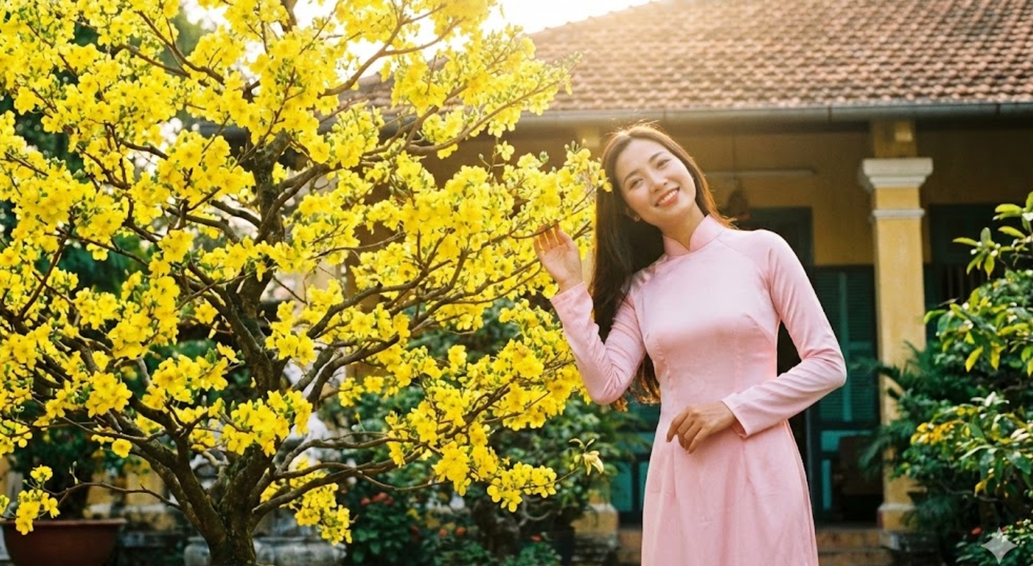 Cô gái tạo dáng áo dài chụp một mình bên cây mai