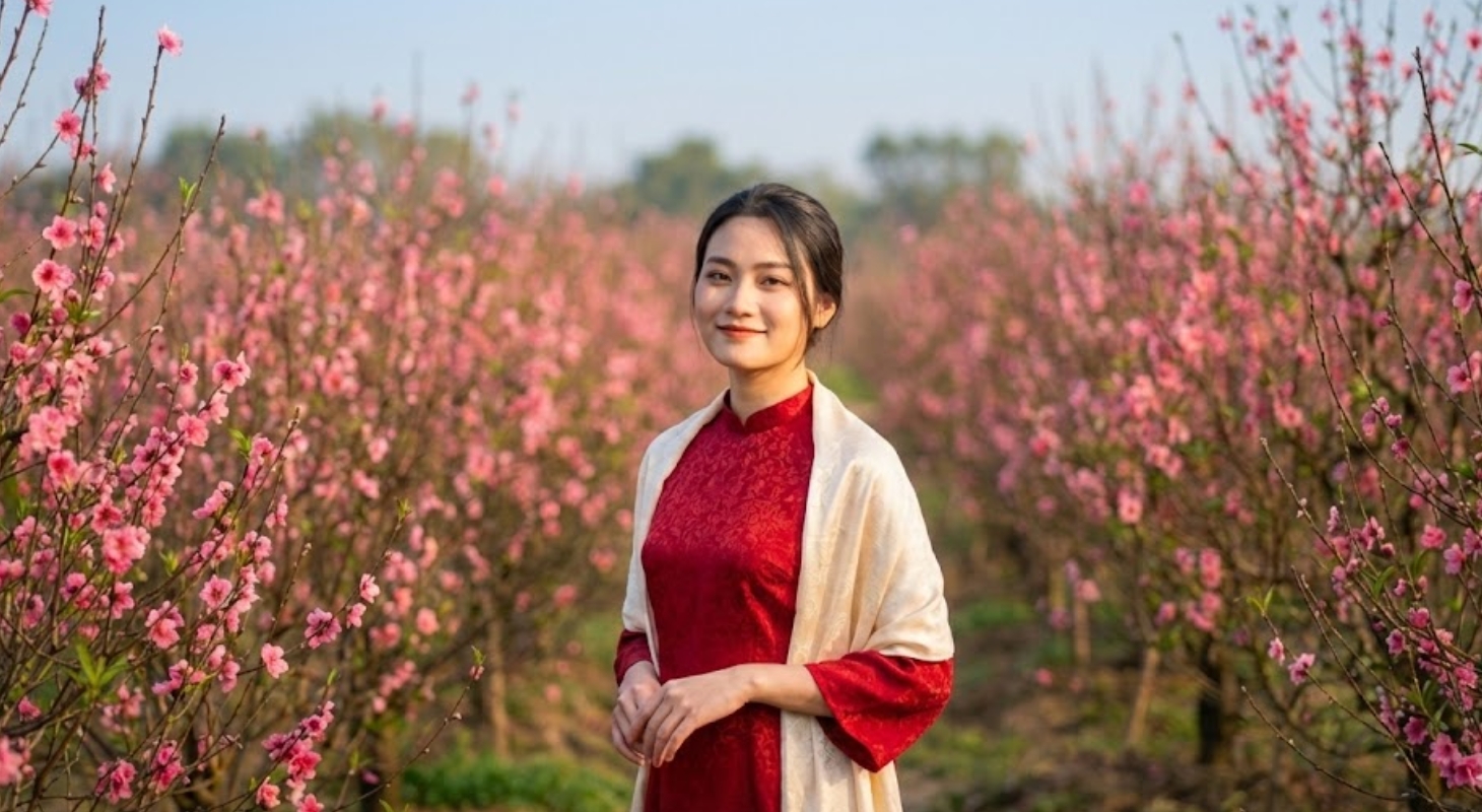 Cô gái mặc áo dài đỏ chụp giữa vườn đào
