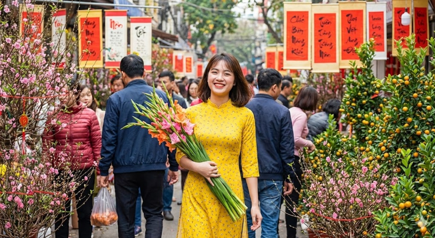 Cô gái mặc áo dài chụp ảnh tại chợ hoa vào dịp Tết