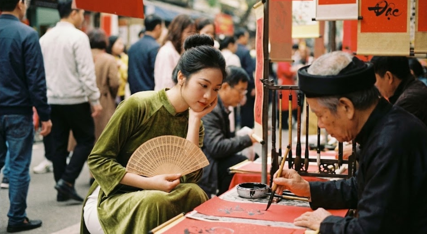 Cô gái thả dáng áo dài bên sạp ông đồ