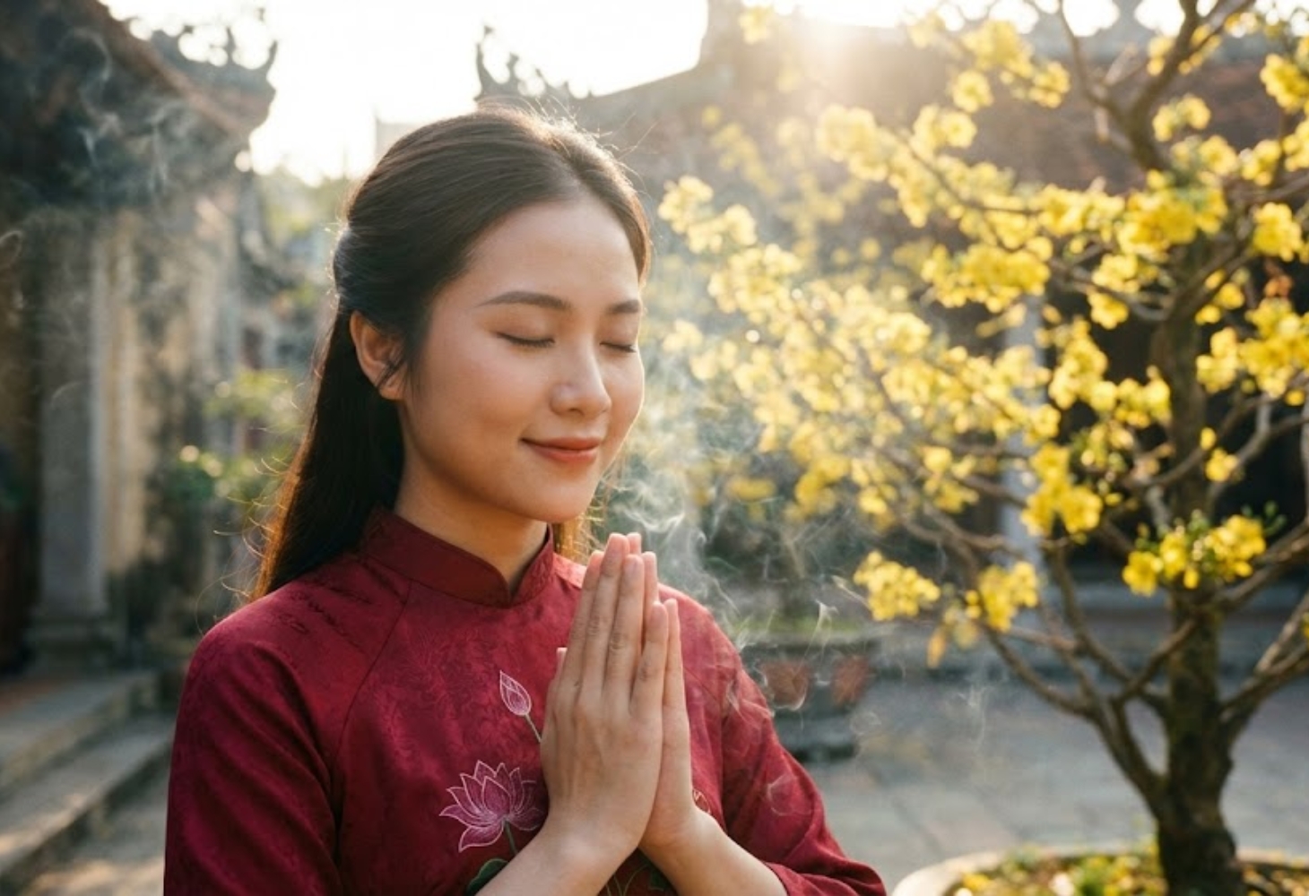 Cô gái mặc áo dài đang khấn nguyện