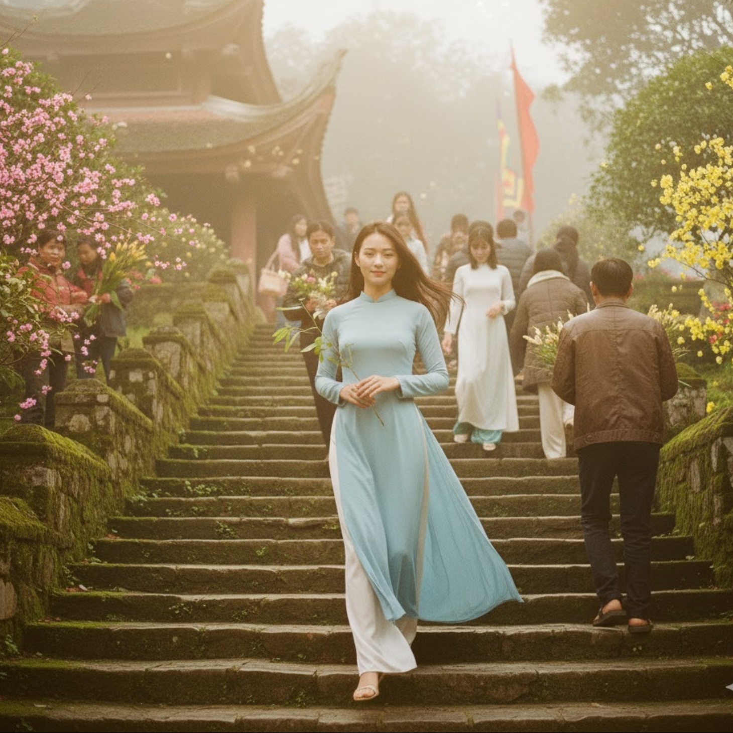 Cô gái dạo bước trên bậc thêm ngồi đền trong dịp Tết