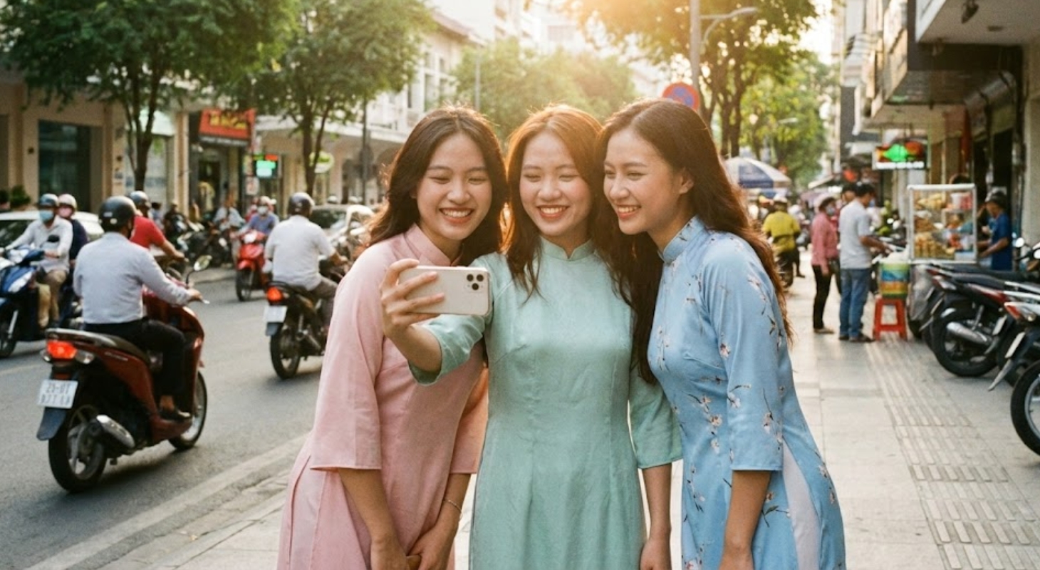 Tạo dáng áo dài nhóm