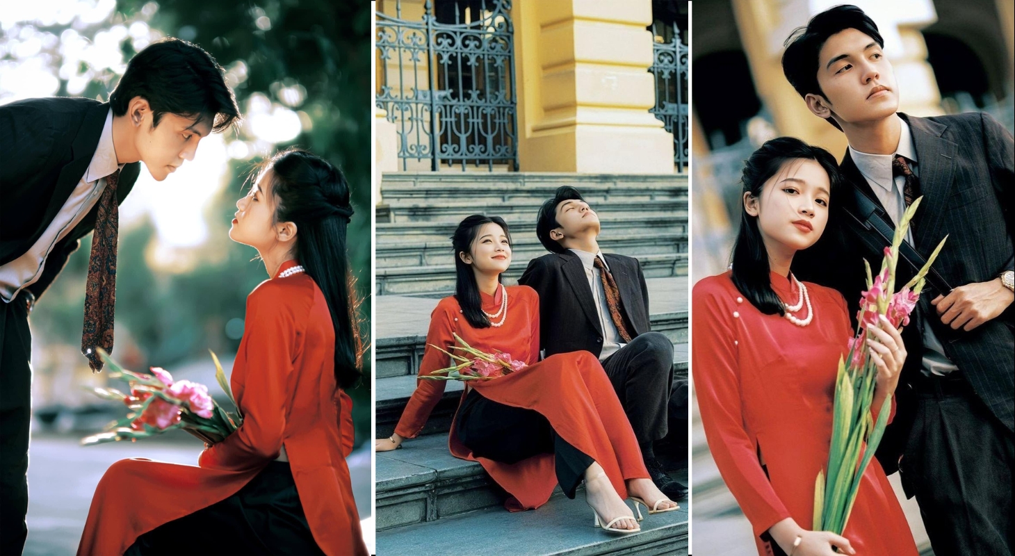 Tạo dáng áo dài cho cặp đôi