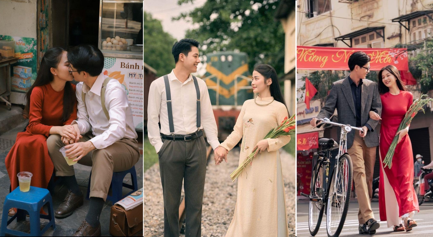 Tạo dáng áo dài cho cặp đôi hoài cổ