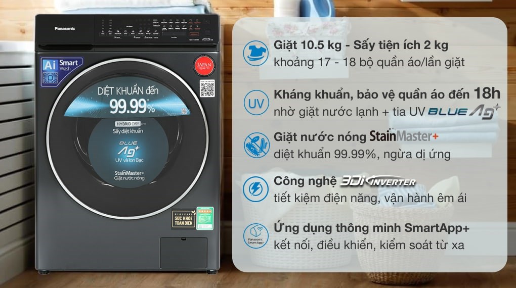 Máy giặt Panasonic Inverter giặt 10.5 kg - sấy tiện ích 2 kg NA-V105FR1BV có khối lượng giặt 10.5 kg phù hợp cho gia đình trên 7 người dùng